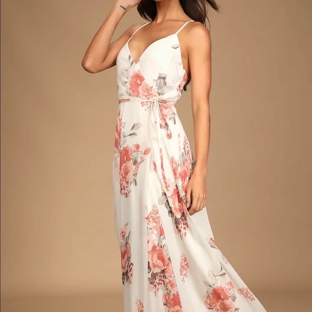 Lulus Elegantly Inclined Cream Floral Print Wrap Maxi Dress - Medium
